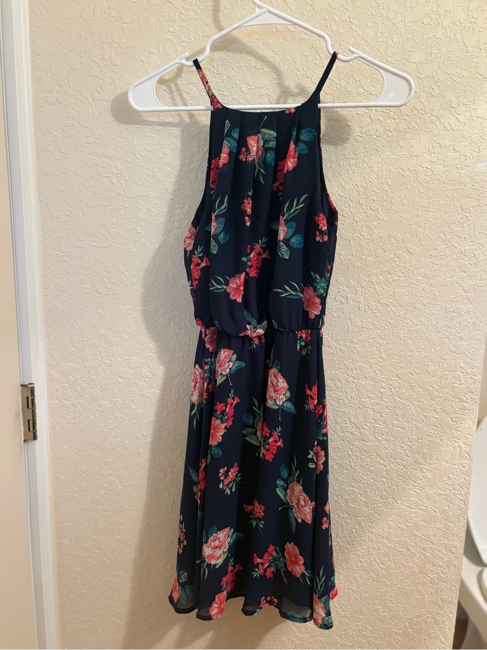 Francesca's Collections Navy Midi Dress with Pink Floral Print